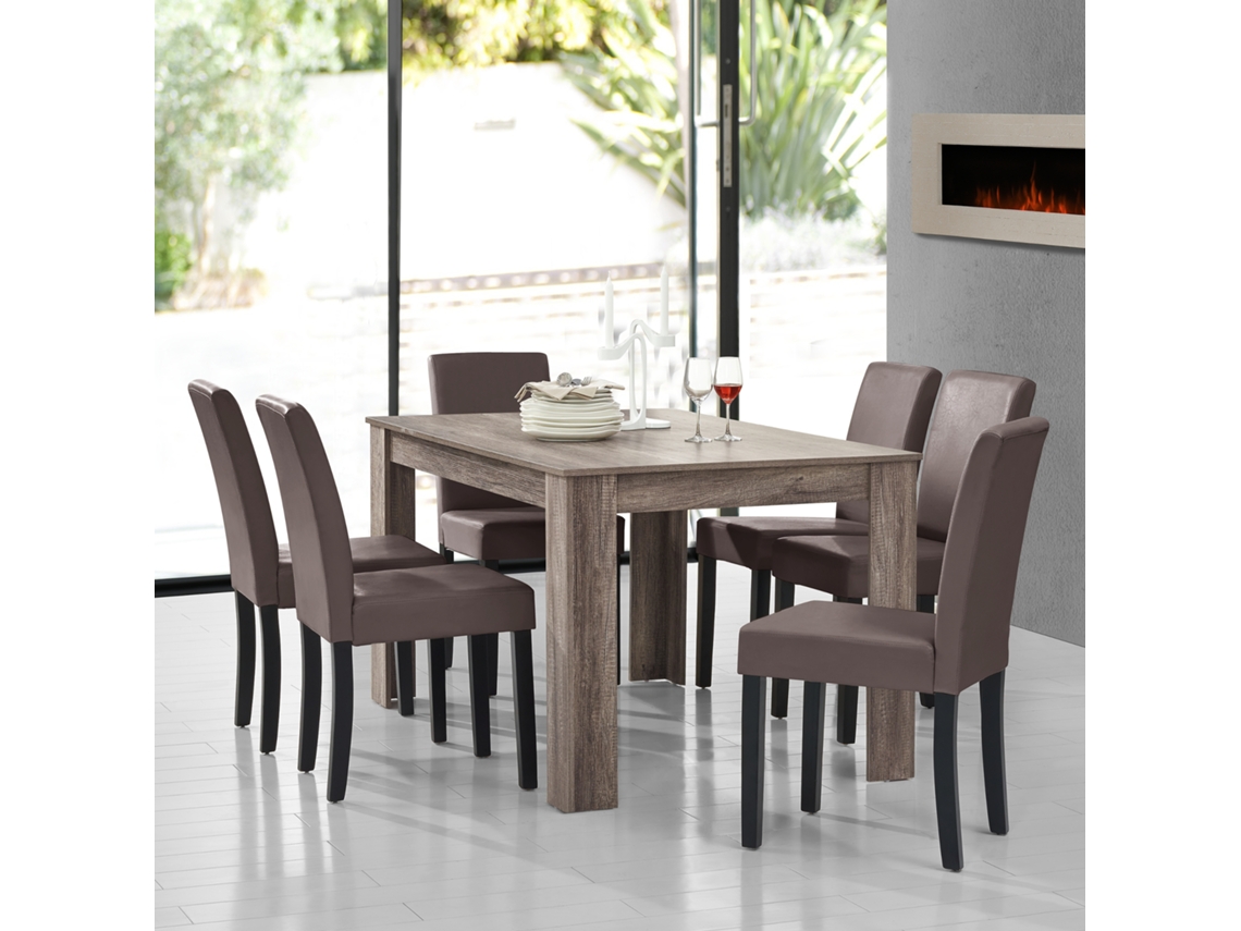 Mesa de comedor + 6 sillas Forssa MDF y polipiel 140x90x77cm - Roble antiguo + Marrón [EN.CASA]