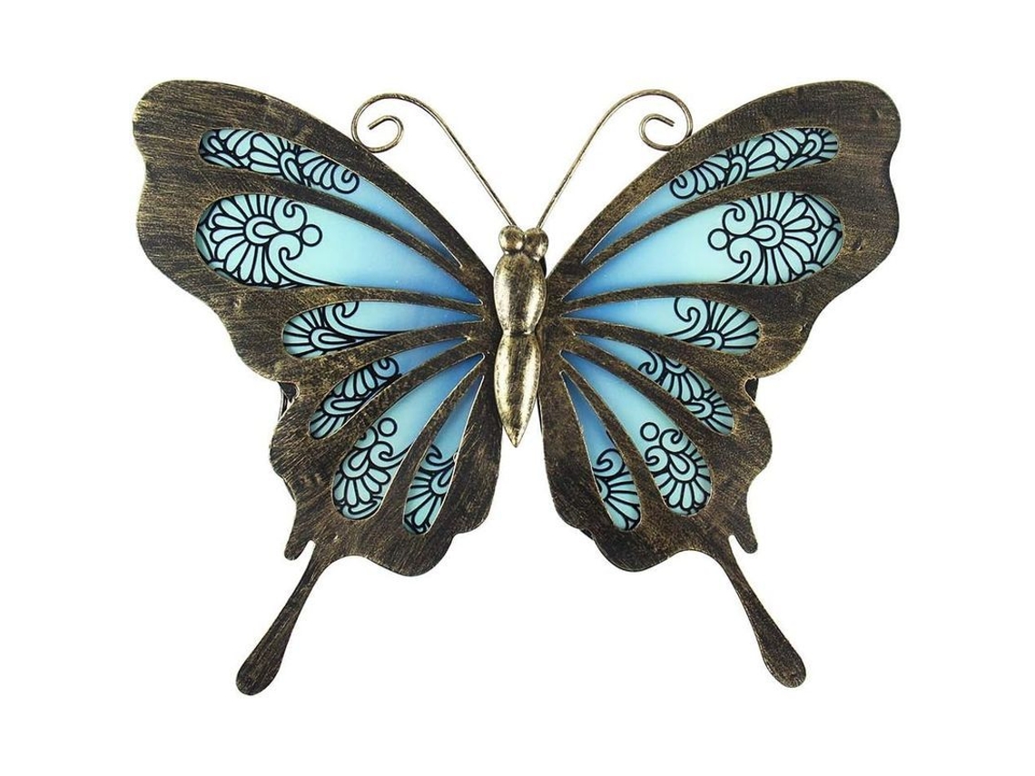 Adorno De Pared De Mariposa De Metal Para Jardín O Pared Exterior Sobre Cristal Azul.