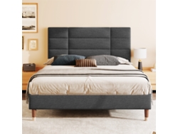 Cama Tapizada, Cama Doble, Estructura De Cama Tapizada De 140x200cm Con Cabecero, De Lino Gris Oscuro, Colchón No Incluido