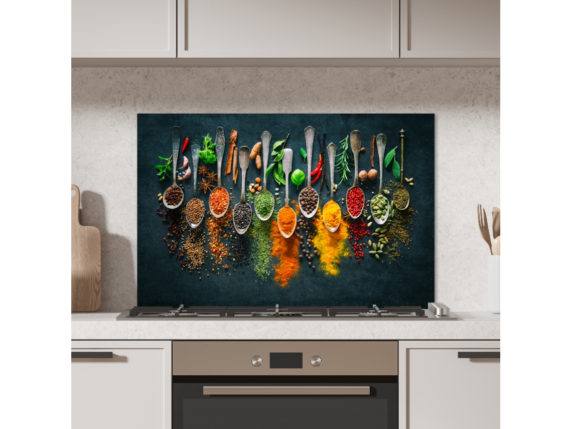 Panel Antisalpicaduras Cocina Hierbas - Especias - Cucharas 90x60 Cm