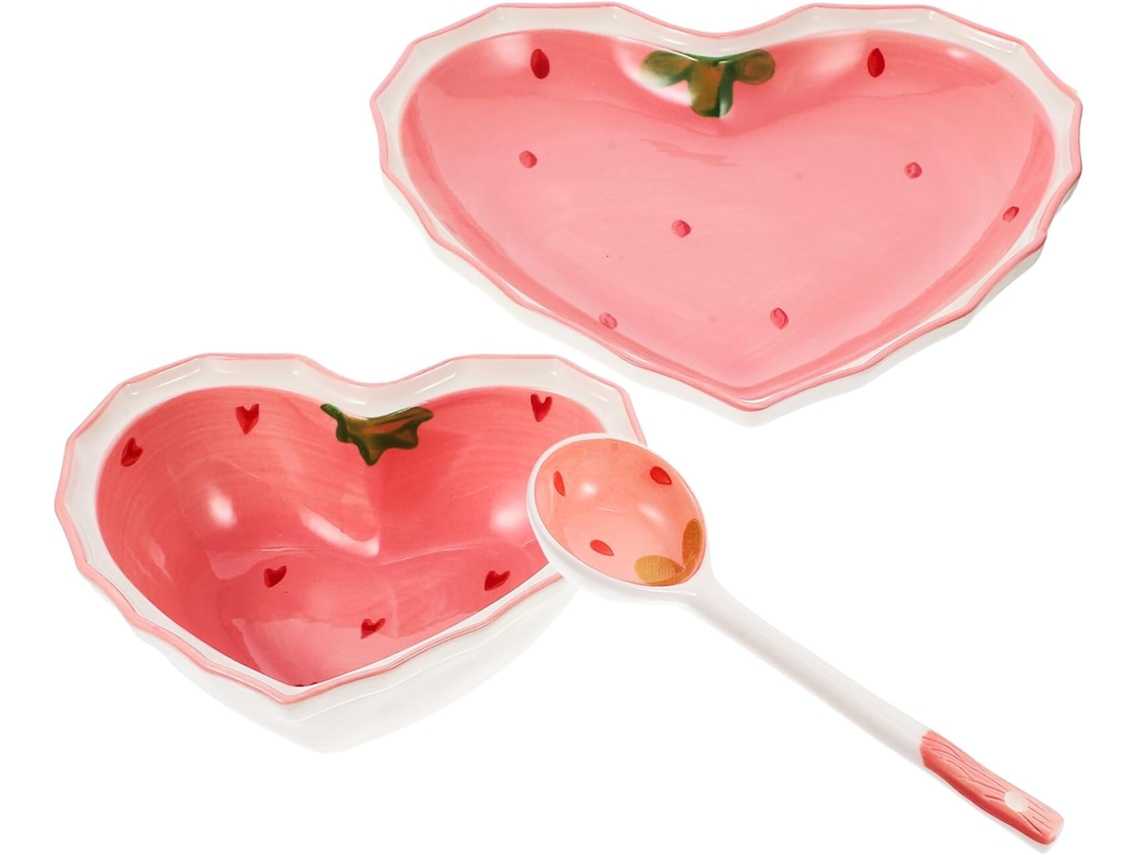 Juego decorativo para servir ensaladas, con tazón y cuchara en forma de fresa, ideal para servir frutas y postres. CHABERLU
