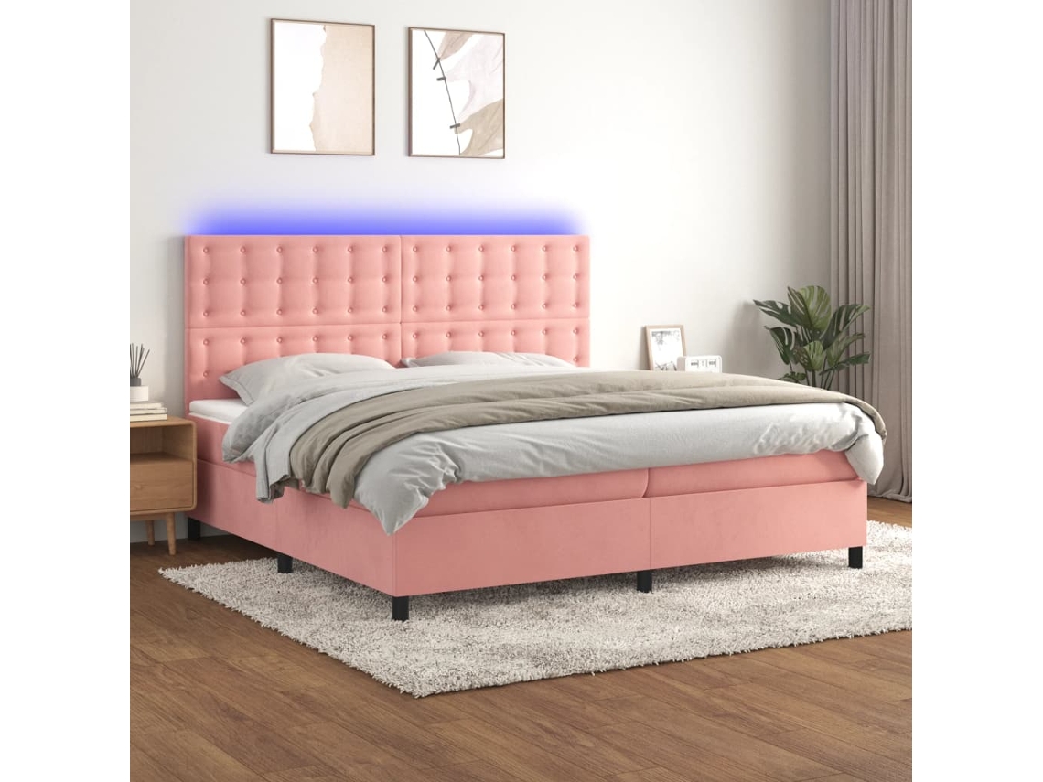 Cama Box Spring Colchón Y Led Terciopelo Rosa 200x200 Cm