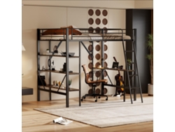 Cama Alta De 90x200 Cm Con Escritorio Metálico Y 3 Estantes, De Hierro Negro. Colchón No Incluido.