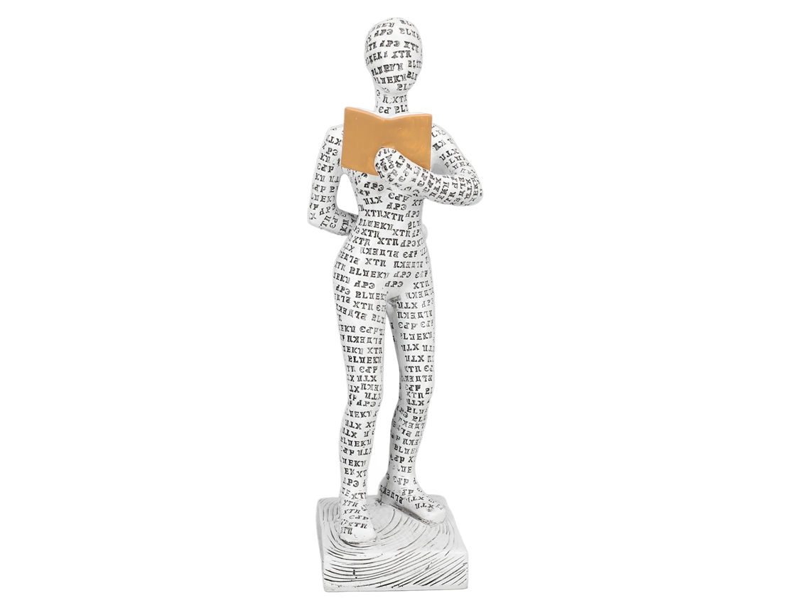 Estatua decorativa de resina de una mujer pensativa leyendo en casa.