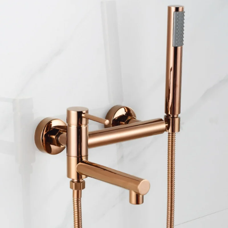 Grifo para bañera y ducha (en oro rosa) con caño giratorio y ducha de mano.