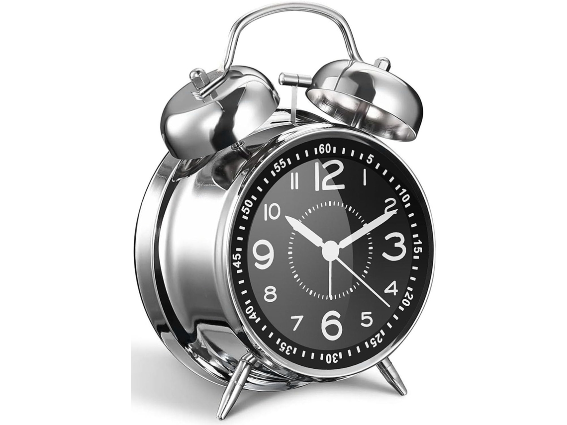 Reloj despertador metálico Yuysan de 10 cm, con doble campana, silencioso, sin tictac, funciona a pilas, ideal para decorar el dormitorio (plateado)