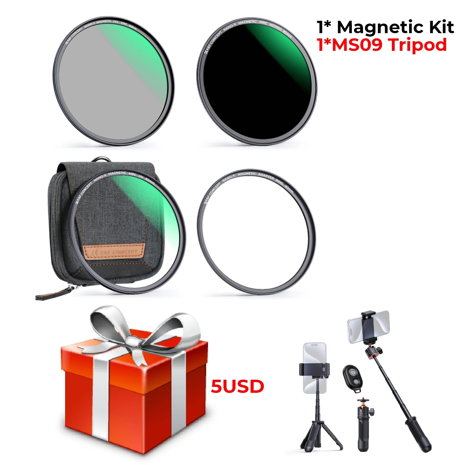 Kit de filtros magnéticos ND1000+MCUV+CPL 52mm + trípode ultrafino MS09 con bolsa