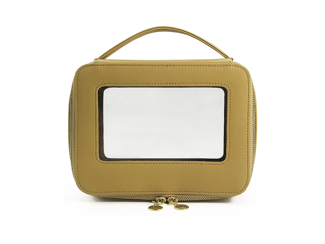 Bolso de maquillaje de viaje para mujer, de piel con ventanas transparentes y cremallera dorada NEVEANCE