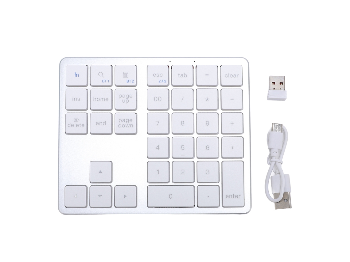 Teclado numérico inalámbrico Bluetooth de 35 teclas, recargable, universal para portátiles, PC y tabletas, color plata/blanco.