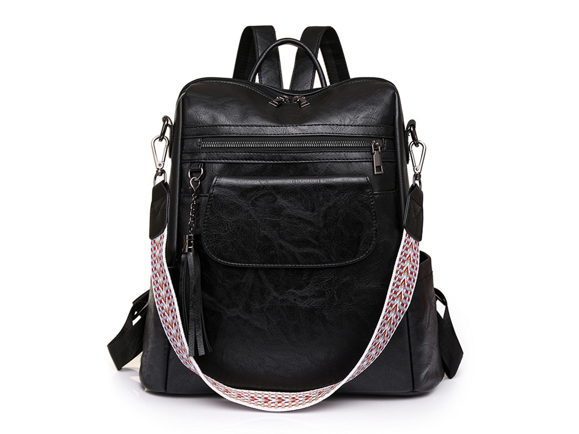 Mochila De Piel Pu Con Borlas Para Mujer, De Gran Capacidad, Negro Digitallab