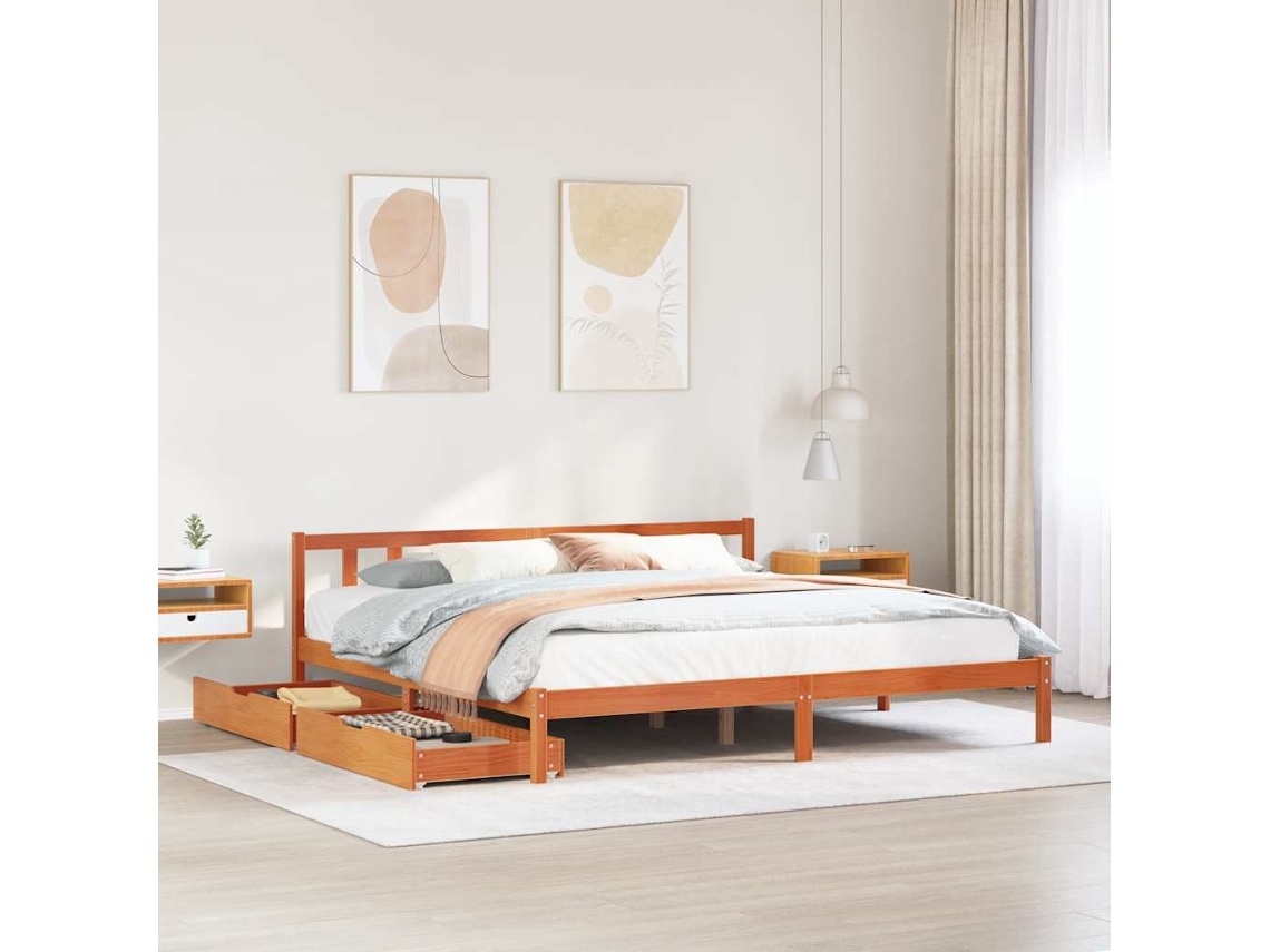 Cama De Matrimonio | Cama Para Adultos | Cama Sin Colchón Madera Maciza De Pino Marrón Cera 180x200 Cm