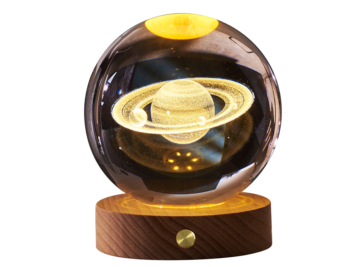 2026-lámpara De Noche Esfera De Cristal 3d Recargable Con Base De Madera Luz Suave Para Dormitorio Hogar Saturno