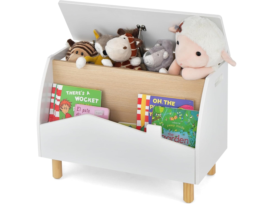 Estantería de Juguetes con Almacenamioneto, Baúl de Juguetes de Madera con Estante Expositor, Librería Infantil con Bisagra de Seguridad COSTWAY