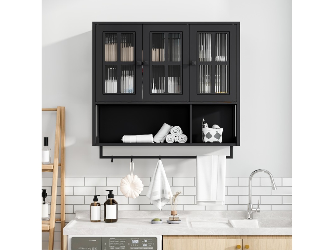 Armario De Pared Para Baño Con 3 Puertas, Apertura/cierre, Cristal, Toallero, Color Negro.