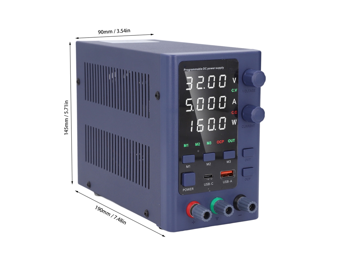 Fuente de alimentación de CC variable de 0-32 V y 0-10 A con pantalla LED de 4 dígitos, regulación por codificador y puerto USB-C (enchufe estadounidense).