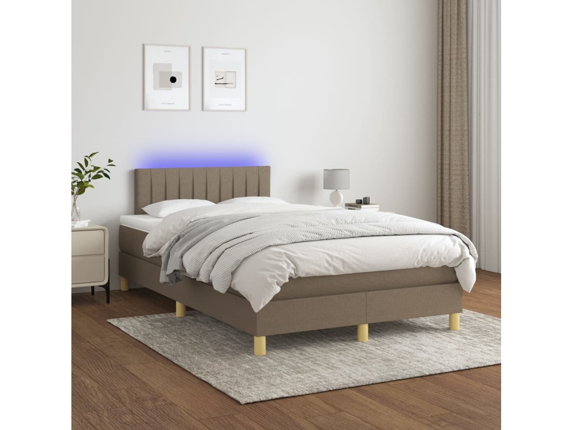 Cama Box Spring Con Colchón Y Led Tela Gris Taupe 120x200 Cm