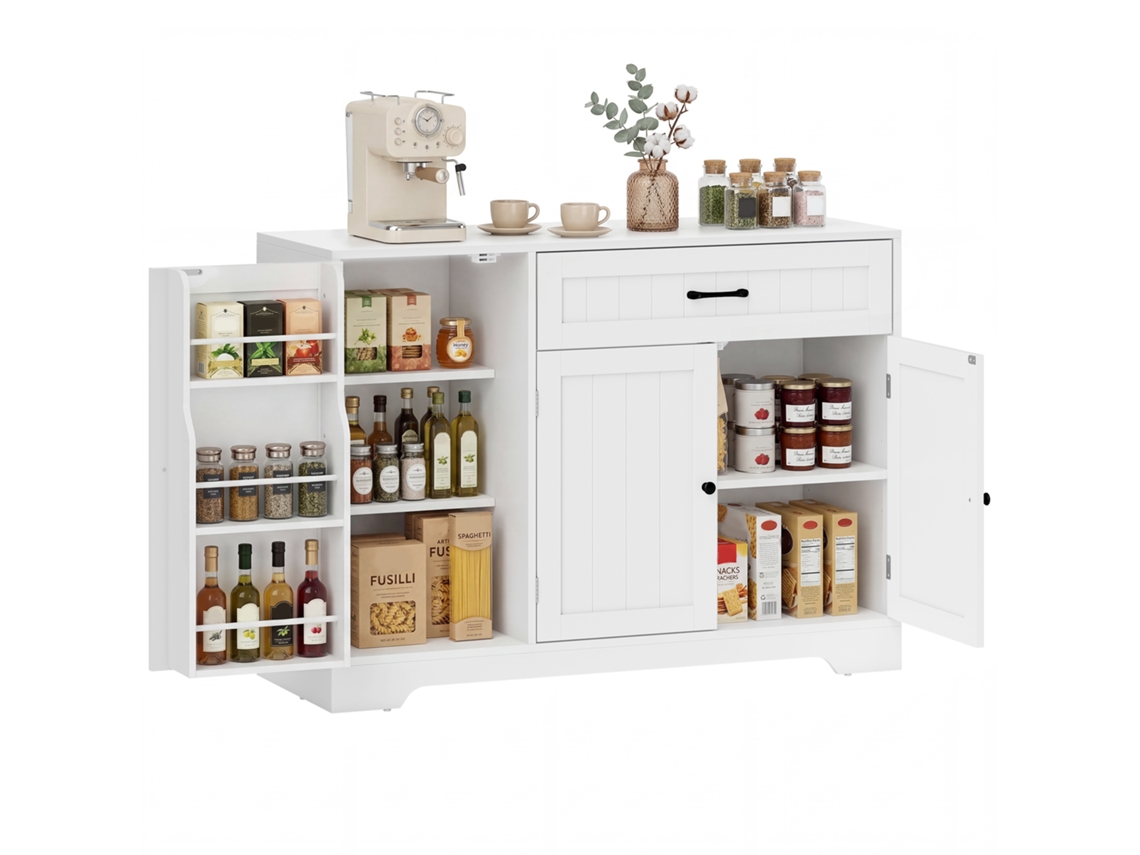 Aparador De Cocina, Mueble De Almacenamiento Con Cajón, 3 Puertas Con Cierre Suave, Estantes Y Guías Ajustables En Las Puertas, Blanco.