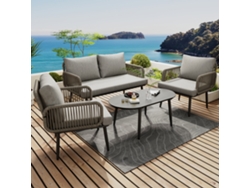 Set Lounge Jardín 4 Plazas, Sofá 2 Plazas + 2 Sillones + Mesa, Cuerda Tejida A Mano, Mesa Cristal Estilo Madera, Estructura Hierro, Gris