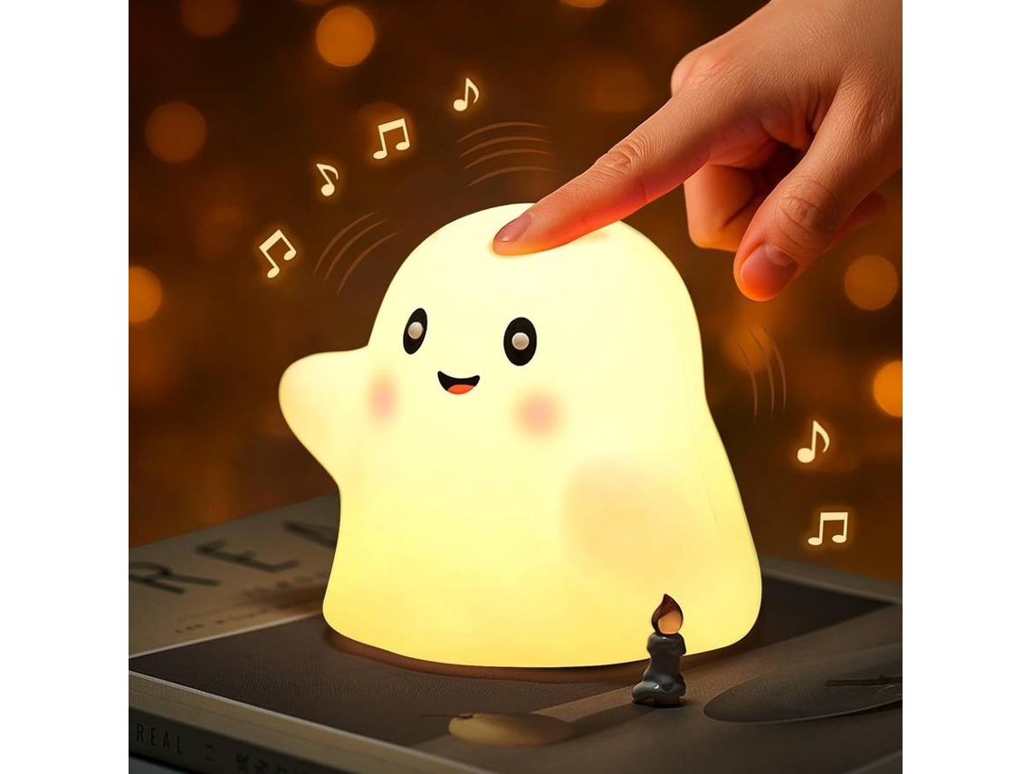 Luz nocturna fantasma de Halloween para niños, táctil, de silicona blanda, LED de 2700 K seguro para la vista y sonidos divertidos (blanca)