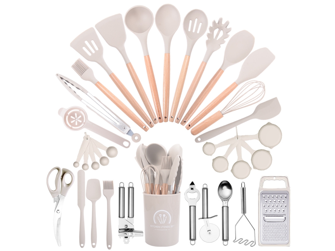 Juego de 34 utensilios de cocina de silicona antiadherentes y resistentes al calor, color caqui Gertiz