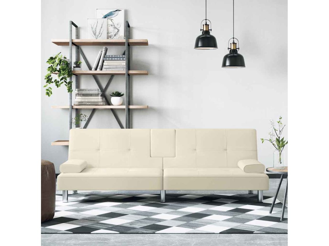 Sofá Cama | Sofá De Salón | Sofá De Descanso Con Portavasos Cuero Sintético Color Crema