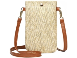 Bolso Bandolera De Paja, 1 Pieza, Bolso De Playa Tejido, Bolso De Hombro Vertical Sencillo Para Mujer Para Teléfono Móvil, Color Beige.