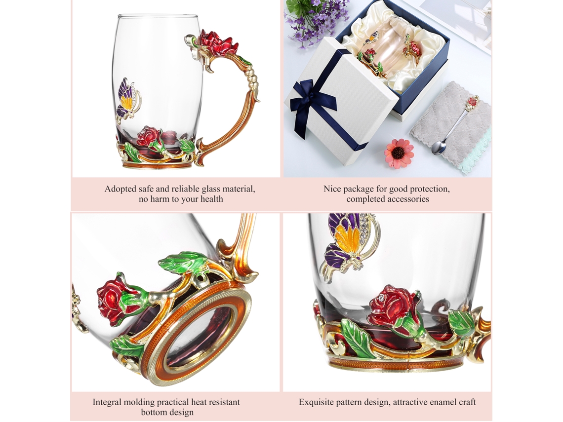 Taza de agua esmaltada con forma de rosa roja, con asa, cuchara y paño, 350 ml (colores opcionales)