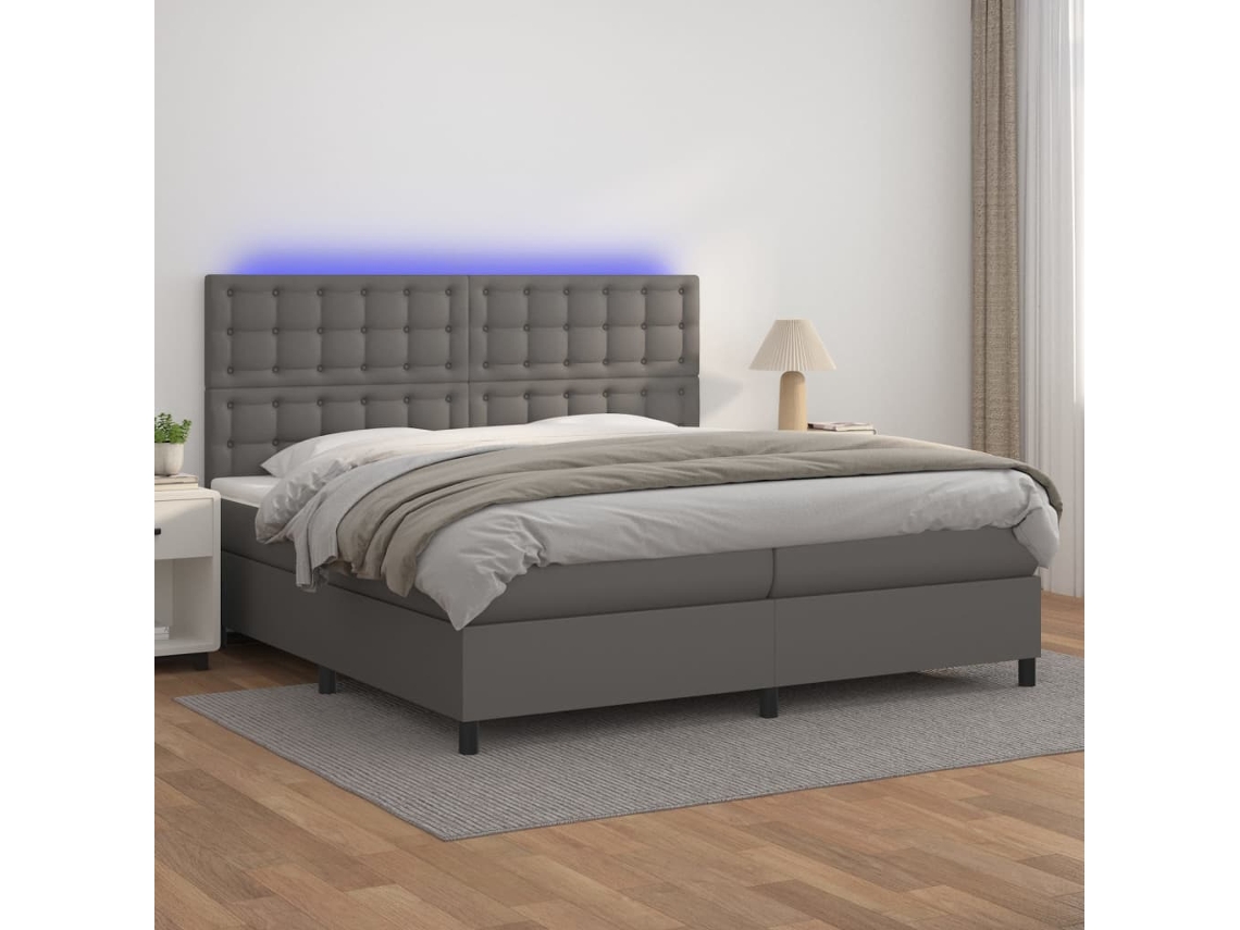 Cama Box Spring Colchón Y Led Cuero Sintético Gris 200x200 Cm