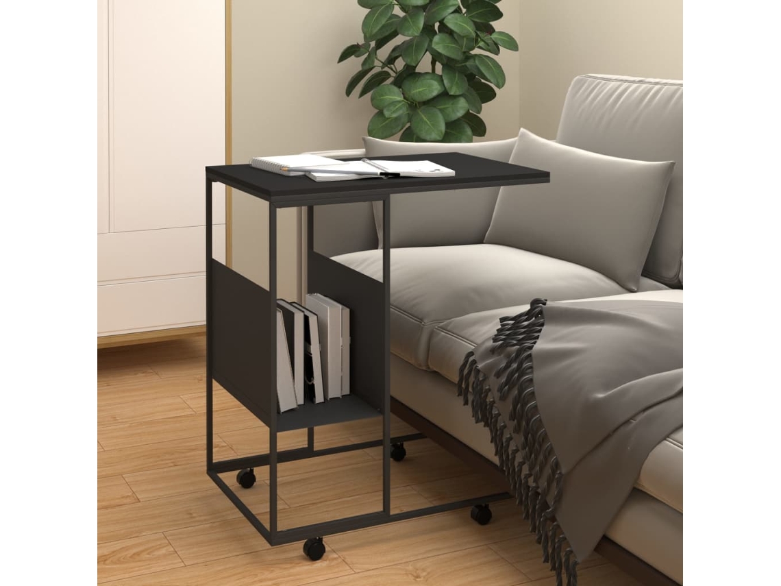 Mesa Auxiliar Con Ruedas Madera Ingeniería Negra 55x36x63,5 Cm