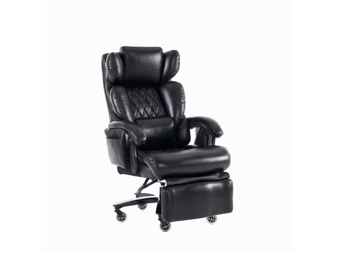 Silla de oficina ergonómica de piel sintética con función de masaje y calefacción, capacidad de reclinación de hasta 150 kg, reposapiés, rotación de 360°, color negro.