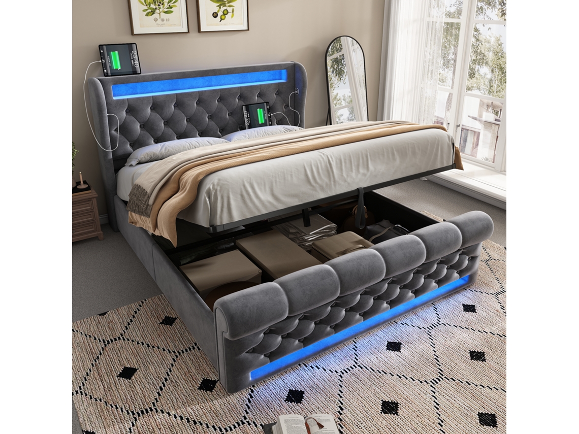 Cama Doble 140x200 Cm, Almacenamiento Hidráulico, Led, Usb-c, Cabecero Con Espacio, Terciopelo Gris, Colchón No Incluido.