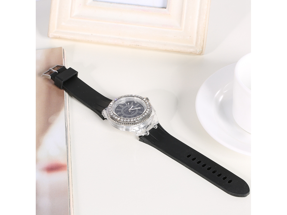 Reloj De Pulsera Unisex De Cuarzo, Silicona, Diamantes De Imitación, Cristal, Diseño Redondo, Negro.