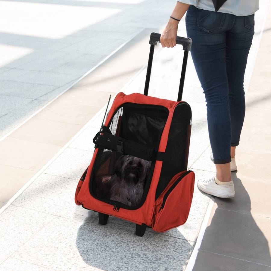 Homcom Pawhut Transportin carrito perro 2 en 1 mochila 42x25x55 cm mascotas gato rojo acero tela oxford para y 4 ruedas 35x27x49cm tejido 9