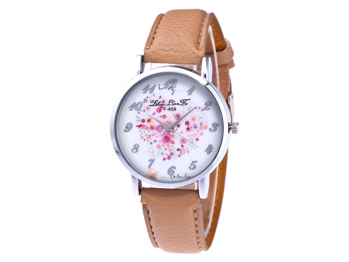 Reloj De Pulsera De Cuarzo Para Estudiantes Con Correa De Cuero Beige Con Estampado De Lichi.