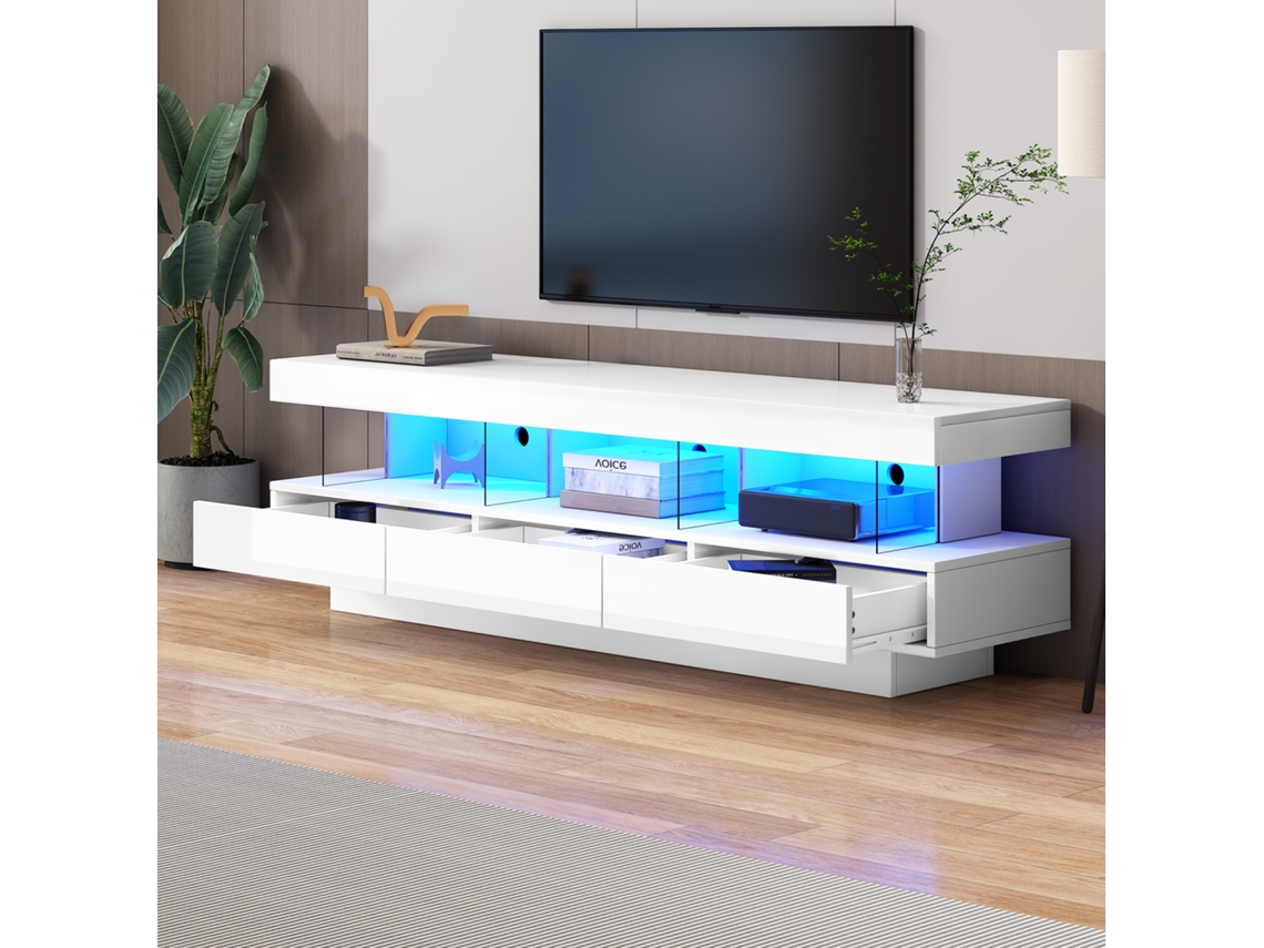 Mueble Para Tv Blanco Brillante Con Estantes De Cristal Y Bluetooth.
