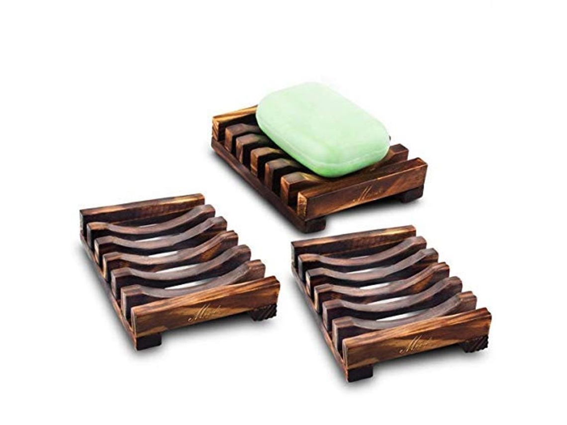 Jabonera Rectangular De Madera, 3 Unidades, Color Natural, Antiderrame Y Ventilada, Para Baño Y Cocina.
