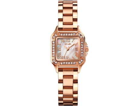 Reloj VEANXIN con esfera de nácar, cuadrado, acero macizo y brazalete de diamantes-oro rosa