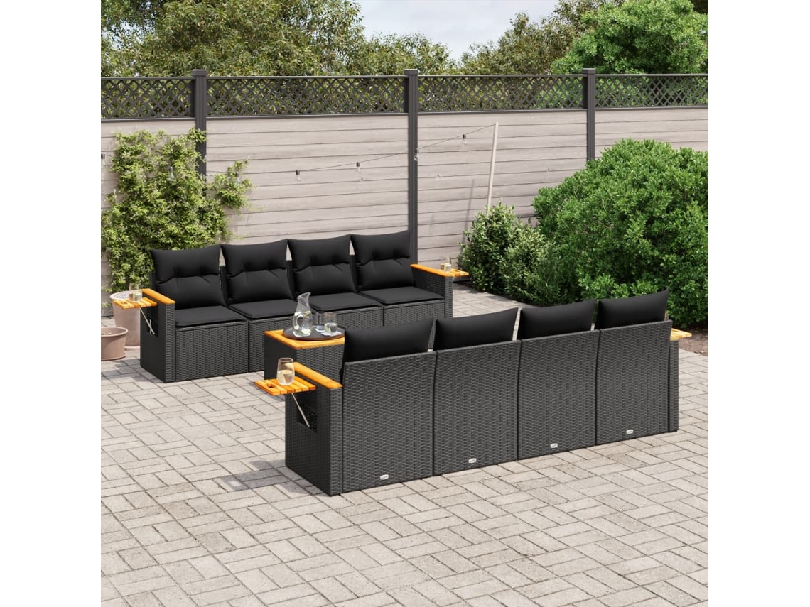 Conjunto de sofá de jardín de 9 piezas con cojines, ratán negro, Dkd Home Decor