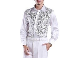 Camisa De Lujo Para Hombre Con Lentejuelas Cuello De Pico Manga Larga Slim Fit Formal Para Bodas Y Escenario Blanco M