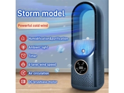 Ventilador portátil silencioso con funciones de humidificador y purificador de aire.
