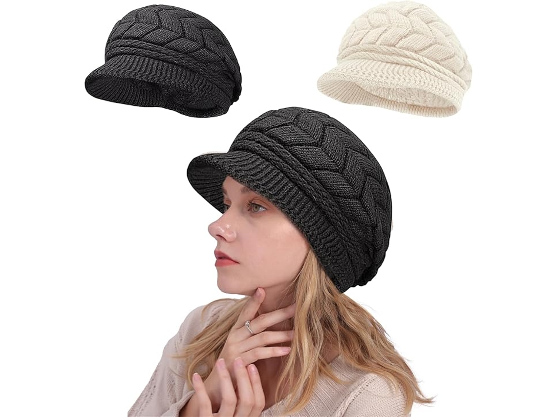 2 Gorros Femeninos De Punto Negro Forrados De Terciopelo, Boina, Térmico Otoño/invierno