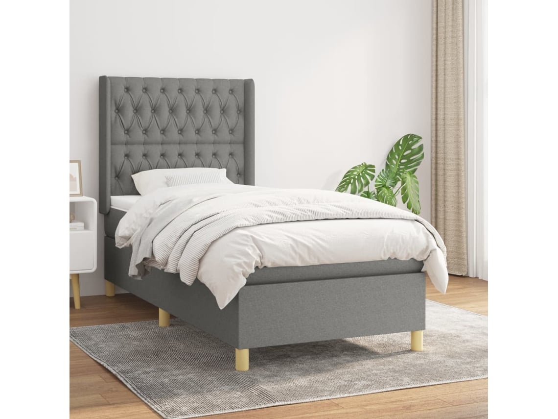 Cama Box Spring Con Colchón Tela Gris Oscuro 90x190 Cm