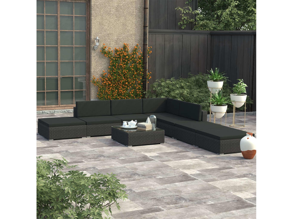 Conjunto de jardín de 8 piezas con cojines de mimbre negros de DKD Home Decor