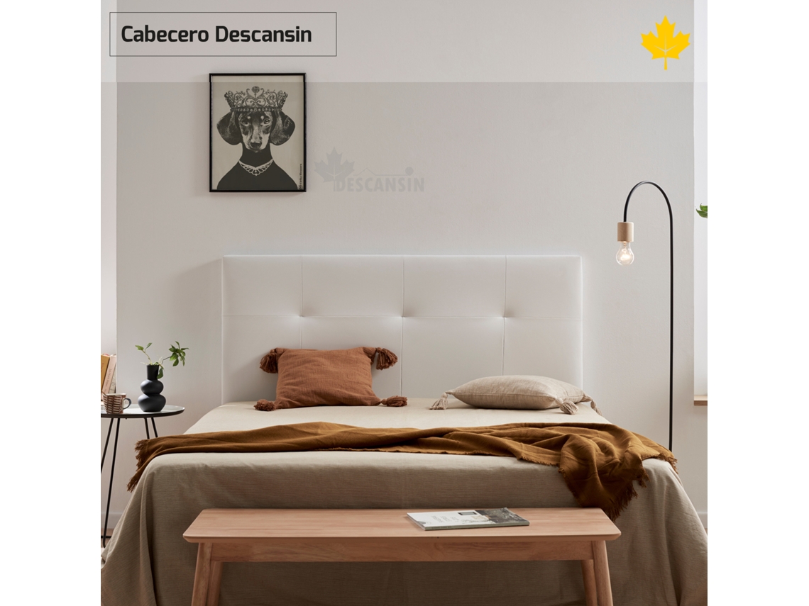 Cabecero Tapizado DESCANSIN 135 cm | Blanco | Tela de Polipiel Liso | Facil Colocacion sin Tornillos ni Agujeros