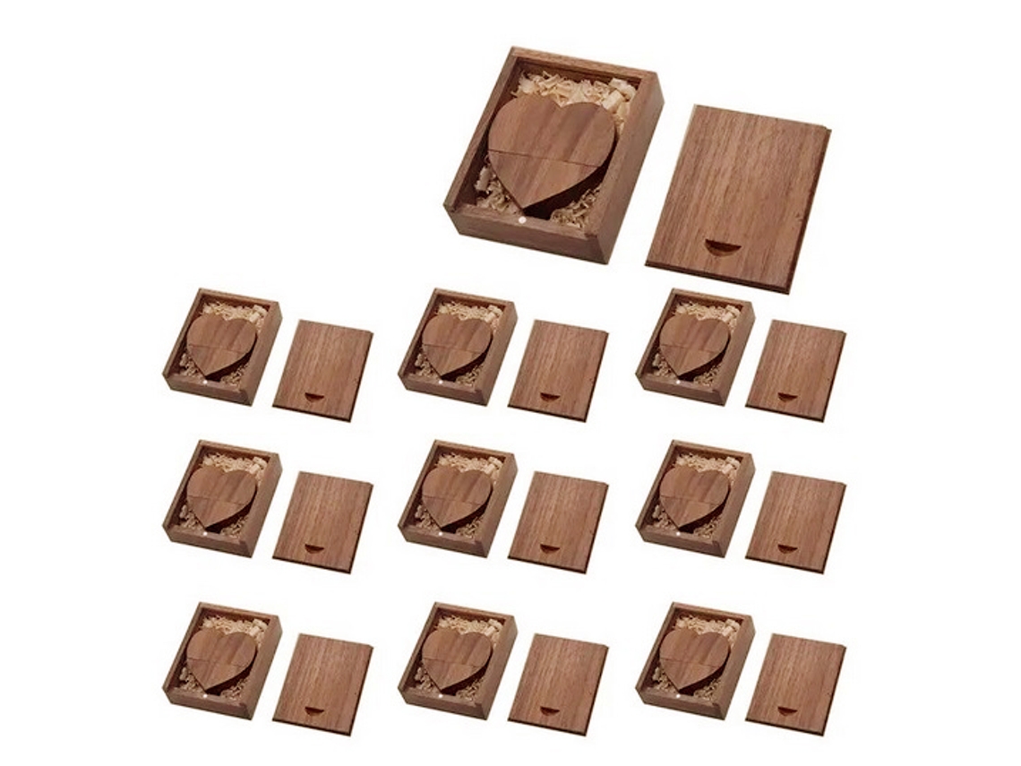 Pendrive 10 unidades. Con caja de madera clara en forma de corazón de 32GB JASTER
