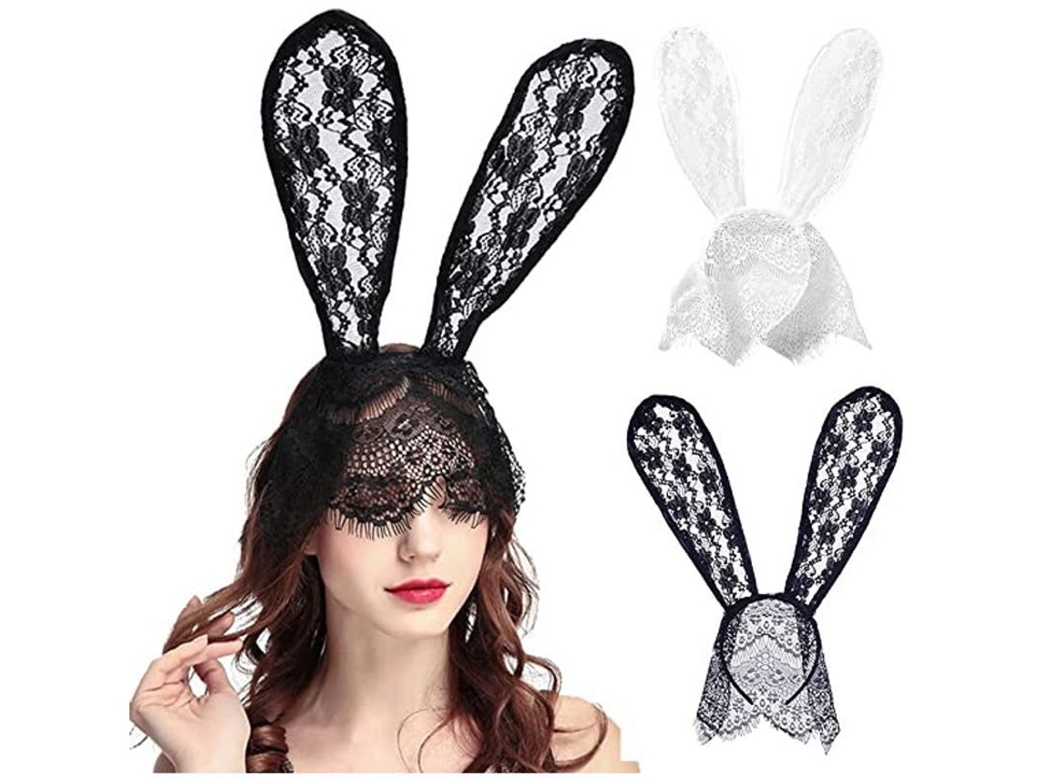 2 Tiaras De Orejas De Conejo Con Palillos De Dientes En Blanco Y Negro Con Velo Para Cosplay De Halloween.