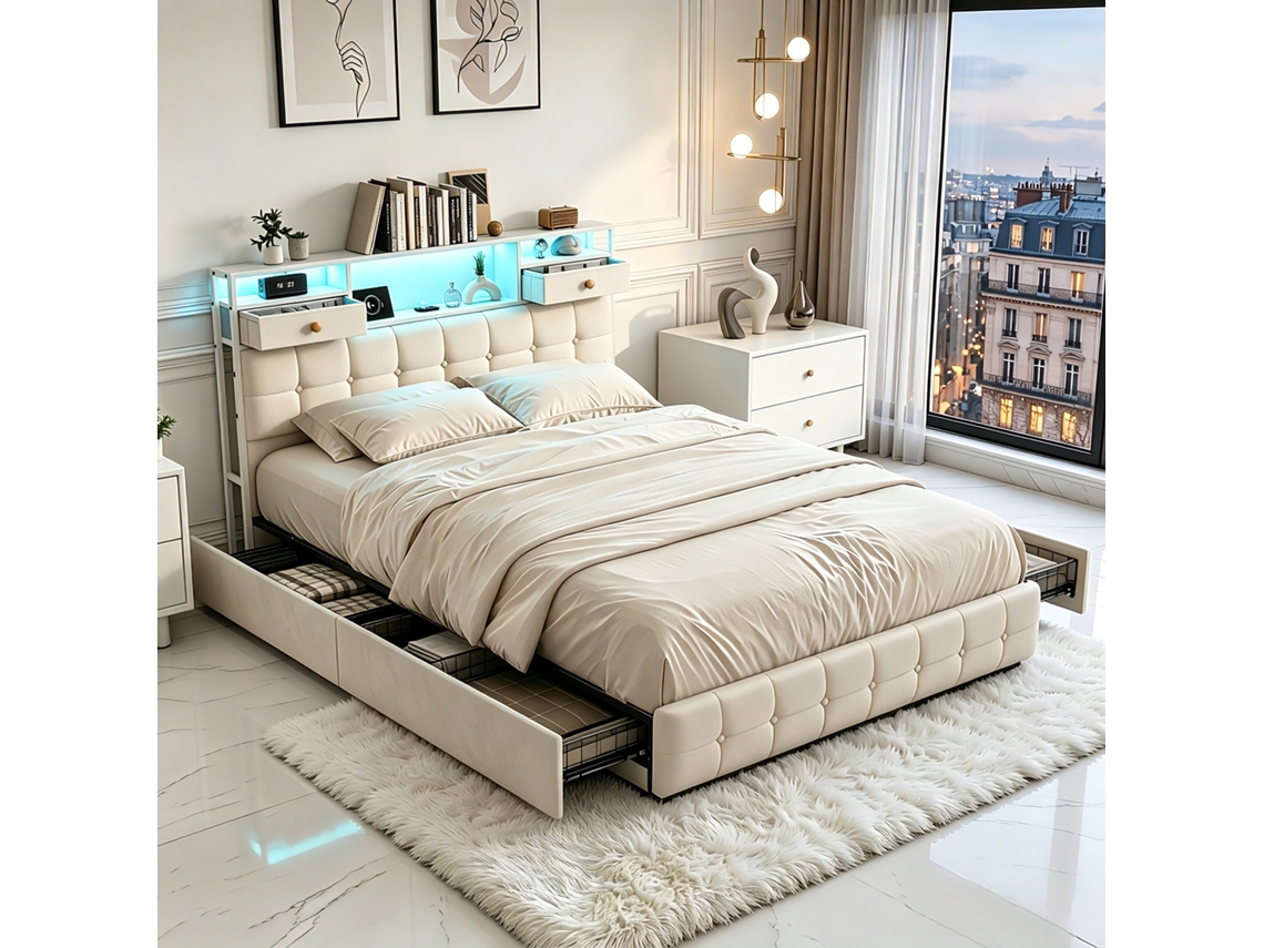 Cama De Matrimonio 160x200 Cm Con 4 Grandes Cajones, Cama Baúl Con Iluminación Led Y Puertos Usb, Cabecero Con Almacenamiento, Terciopelo Beige