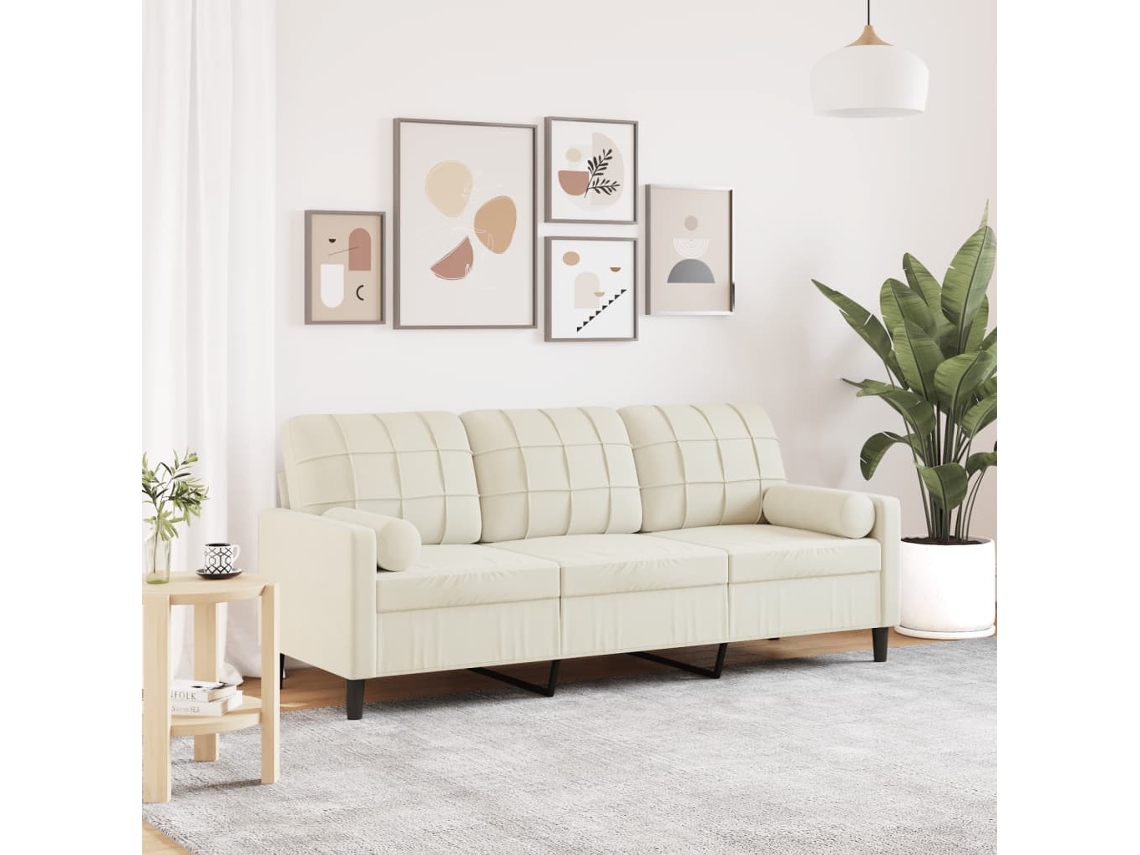 Sofá De 3 Plazas Con Cojines Terciopelo Color Crema 180 Cm
