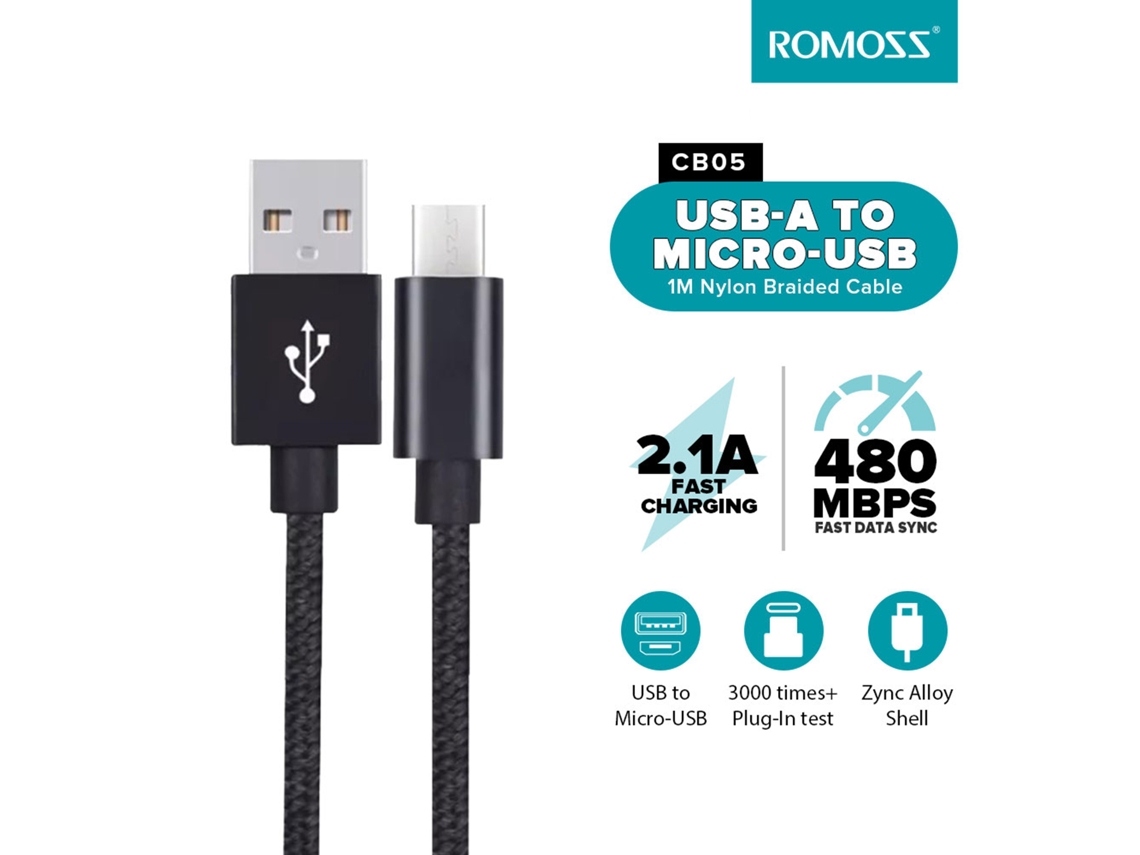 Cable De Carga Micro Usb De Nailon Romoss Cb05 De 1 M, Nailon Trenzado Duradero, Sin Enredos, Usb 2.0 A Macho A Micro Usb Macho, Cable De Carga Rápid