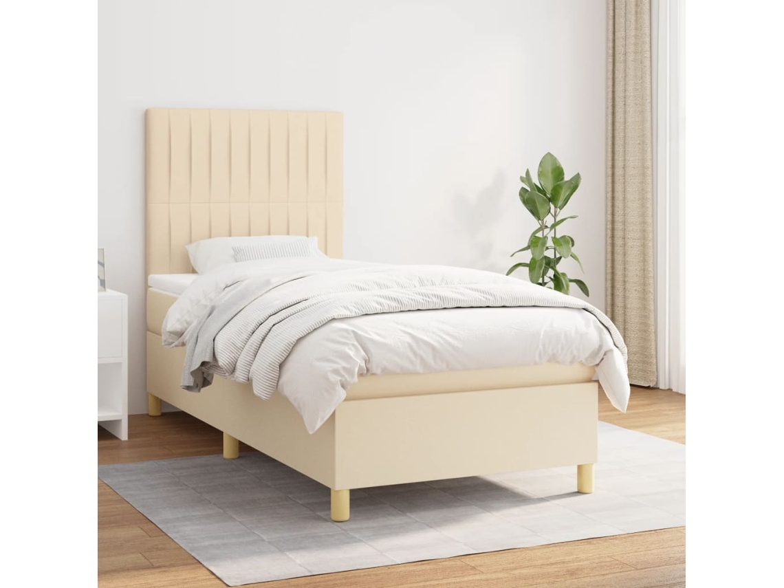 Cama Box Spring Con Colchón Tela Color Crema 80x200 Cm